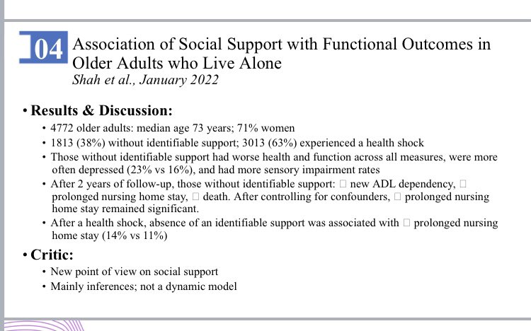 amandabcanfield's tweet photo. .#4 Top Geri psych paper @CAGPsych @CCSMH on Social isolation + its impact on functional outcomes. Those w less support found 2 have worse health+function and at risk of depression. A good reminder to ask about and try 2 increase social supports when needed #CAGPCCSMH2022 https://t.co/XRFQBm4t2e