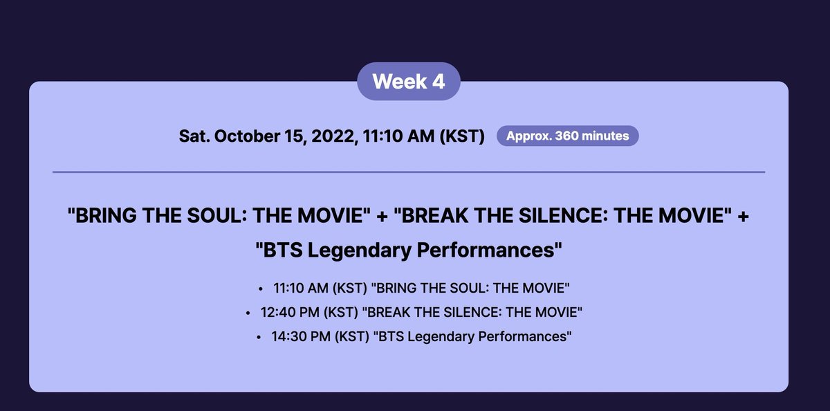 bts07ddaeng's tweet photo. BTS scedule 15 Oct

11:10AM KST: Bring The Soul The Movie

12:40PM KST: Break The Silence The Movie

2:40PM KST: BTS Legendary Performances

5PM KST: Parade show

6PM KST: BTS Busan Concert(face 2 face,liveplay,public view, livestream weverse,naver now,Zepeto)

9PM KST:Drone show https://t.co/kcPx7BhJEp