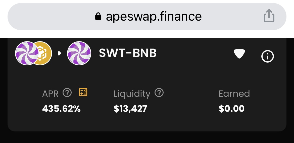 SweetPad_'s tweet photo. 💥 APR UPDATE 💥

😉 Don't miss this TASTY farm on @ape_swap 

🍭 Stake $SWT-$BNB LPs ➡️ Earn $SWT

APR is the highest at this moment 🤫 

‼️ https://t.co/r89A7ZPEM3

#ApeSwap #LPStaking #Stake https://t.co/rST6hevThI