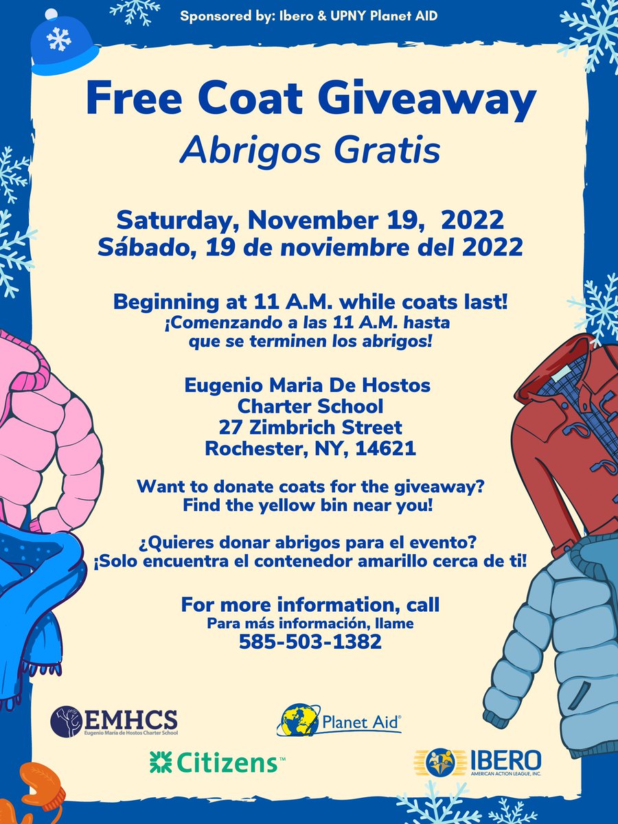 IberoRoc's tweet photo. Colder weather is approaching! Please donate your gently used coats in any of the yellow Planet Aid bins.  Ibero has partnered with UPNY Planet Aid for another year to host the Free Coat Giveaway on Saturday, November 19th located at the Eugenio Maria De Hostos Charter School! https://t.co/LhX7W0rwEQ