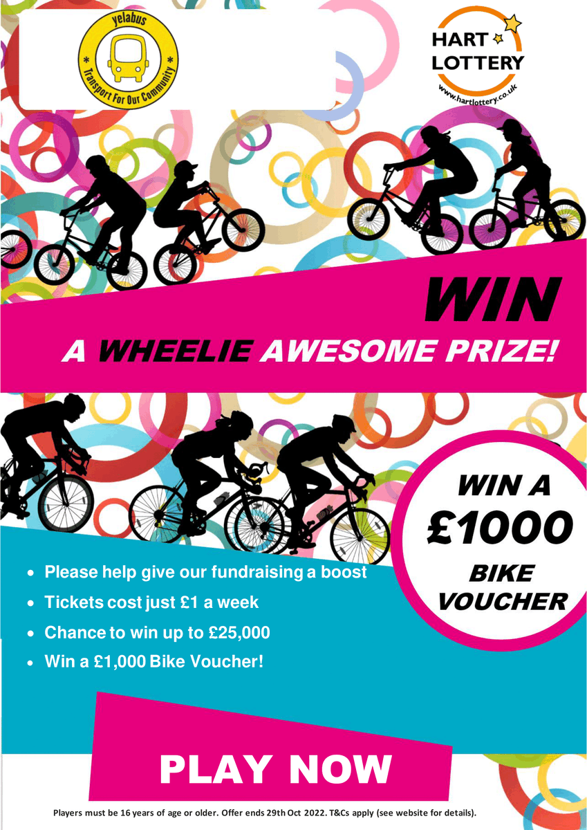Maybe you’re looking to save some fuel on the commute? Or perhaps just keeping an eye out for that perfect Christmas present? Whatever your reasons, this WHEELIE is a fantastic prize!

The more tickets you have, the more chances to WIN - hartlottery.co.uk