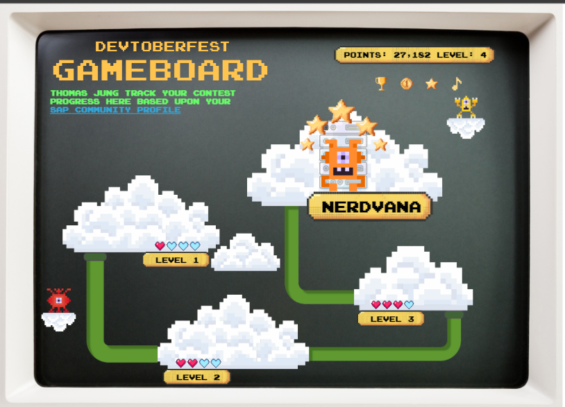 thomas_jung's tweet photo. The #Devtoberfest gameboard is updated for Week 3. If you were to maximize all points earning activities in Week 3 you could already achieve Nerdvana. But don't worry, there's still week 4 to make it to the highest level.
https://t.co/NXkdsrVMnq https://t.co/L4dM15uiM8