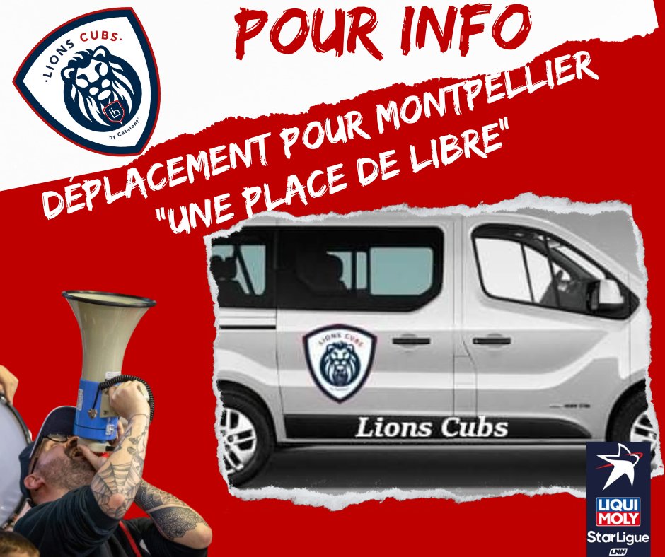 Bonsoir,
Les Lions Cubs vont faire leur premier déplacement du côté de Montpellier le samedi 19 novembre.
Il reste une place dans le minibus.
Départ le samedi à 11h30 et retour dans la nuit.
Déplacement minibus avec la place 45 euros.
Pour plus d'info me contacter au 0687517199.