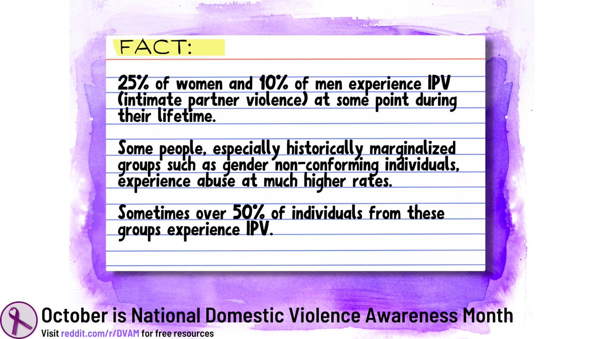 r__DVAM's tweet photo. Domestic Violence isn't limited to "those" people.

1 in 4 women &amp; 1 in 10 men experience abuse at some point in their lifetime.

Historically marginalized groups such as gender non-conforming, experience abuse at much higher rates, sometimes more than 1 in 2.

#DVAM #DVAM2022 https://t.co/e4NpIPTcAe