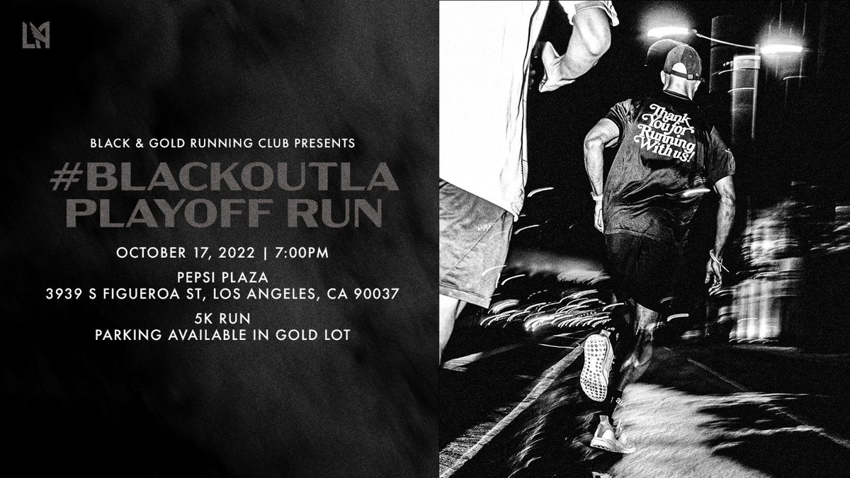 BlackandGoldRC's tweet photo. Join us at The Banc on Monday, October 17th at 7pm as we celebrate the @LAFC playoff run.
We will meet at the Pepsi Plaza & run 3.1 miles. Parking will be available in the Gold Lot.
Strava link for event & route in bio.
#BlackoutLosAngeles #RunForLAFootballClub #LAFC #BGRC https://t.co/ZY3ULlxU5l