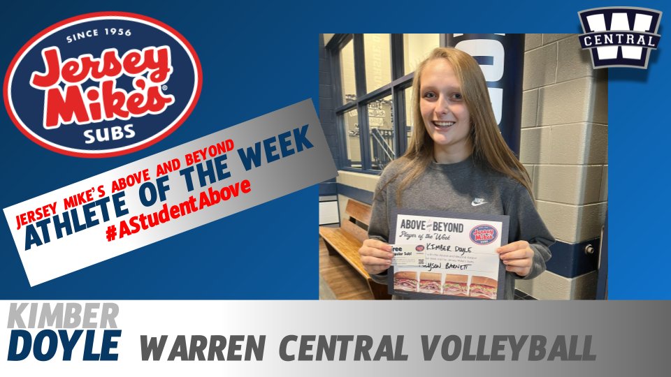 We want to recognize our Jersey Mike's Above and Beyond Athlete of the Week. 

Congratulations, Kimber Doyle for being a leader on and off the court. Big key in the win on Senior Night this week.

#AStudentAbove

<a href="/jerseymikes/">Jersey Mike's Subs</a>
 
<a href="/WCVolleyballFam/">WCHS Volleyball</a>
