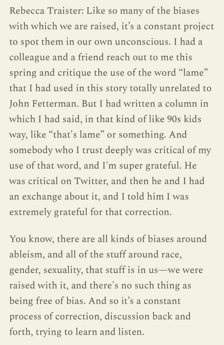 This whole firestorm about <a href="/JohnFetterman/">John Fetterman</a>’s health has prompted a big conversation about ableism. I asked <a href="/rtraister/">Rebecca Traister</a> how we as writers can avoid the casual ableism that bleeds into so much of our media and politics. 

thehandbasket.substack.com/p/john-fetterm…