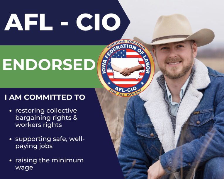 RobinsonIowa's tweet photo. I am proud to have received an endorsement from @IowaAFLCIO! I am a friend of labor and a champion of working Iowans! https://t.co/ItNFaSAQJa