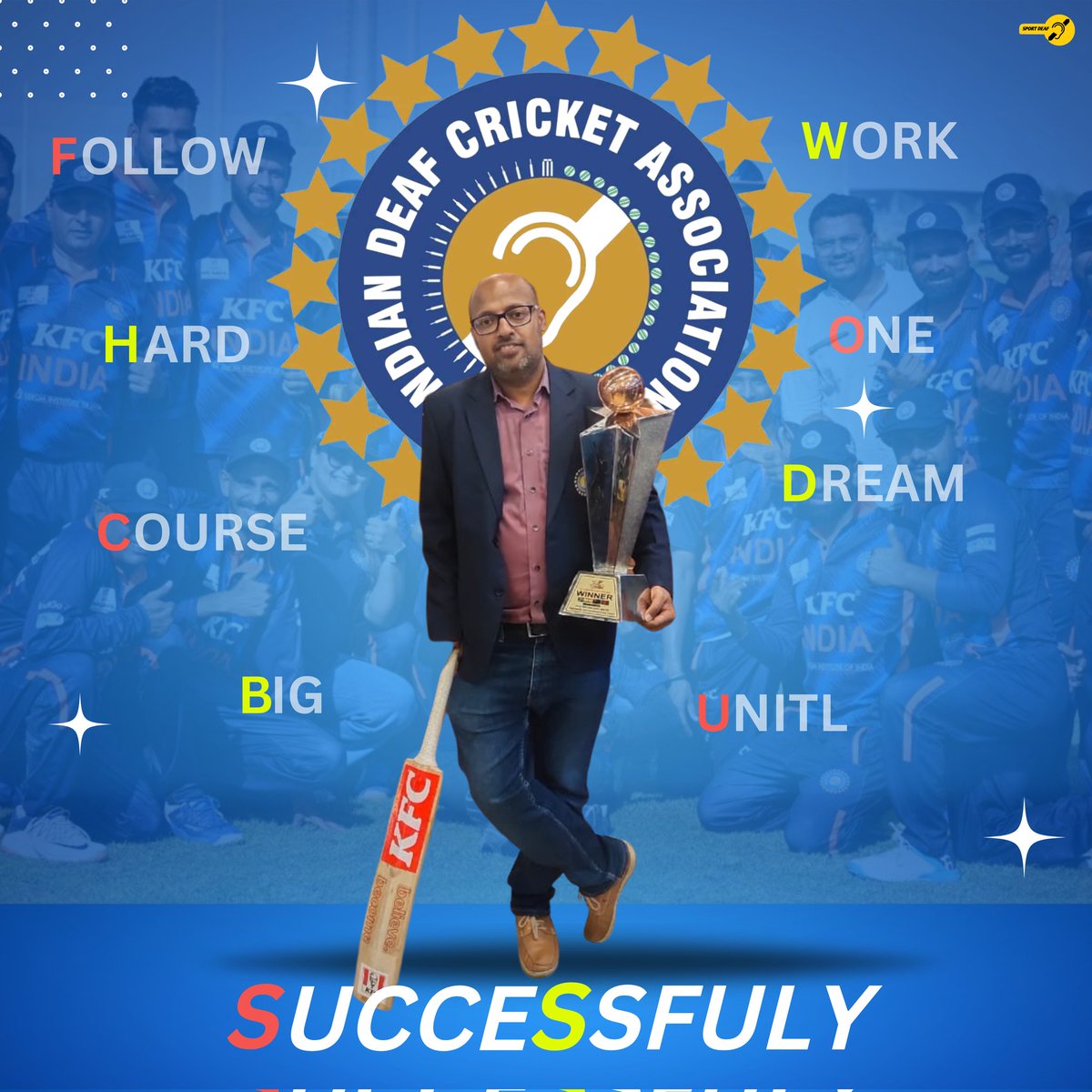sport_deaf22's tweet photo. Hard work truly paid off, congratulations on touching new heights!  @SumitJa79327944 @indian_deaf
DEAF INTERNATIONAL CRICKET COUNCIL  T20 CHAMPIONS TROPHY 2022 WINNER INDIA 🇮🇳 
@DICCdeafcricket @dcciofficial @JayShah @KFC_India https://t.co/o6DtKt1aGP