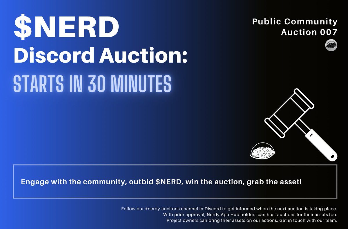 💥 $NERD Discord Auction: 14.10.22 💥

See you in Discord in 30 minutes.

Join us: discord.gg/3sqrapuG5q 

If you are not part of the hub yet, check #spinningwheel's as well in our Discord to get a chance to join the ever-growing family!

#NerdyApeHub #NerdyCoin