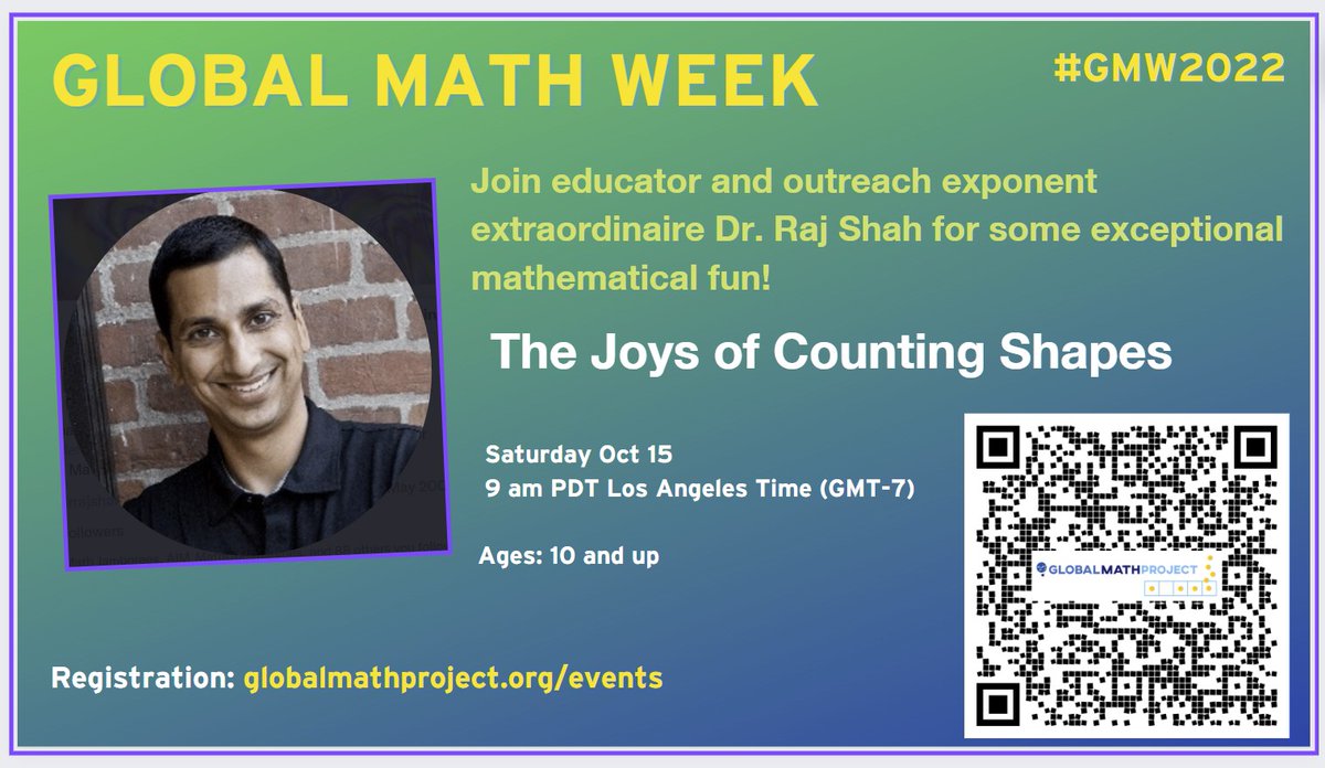 Tomorrow, it's the inimitable <a href="/drrajshah/">Raj Shah</a>! 
us02web.zoom.us/meeting/regist…
<a href="/GlobalMathProj/">The Global Math Project</a> <a href="/AIMathCommunity/">AIM_MathCommunities</a> <a href="/MathPlusAcademy/">Math Plus Academy</a> <a href="/theJRMF/">Julia Robinson Math Festival</a> <a href="/maanow/">MAA</a>