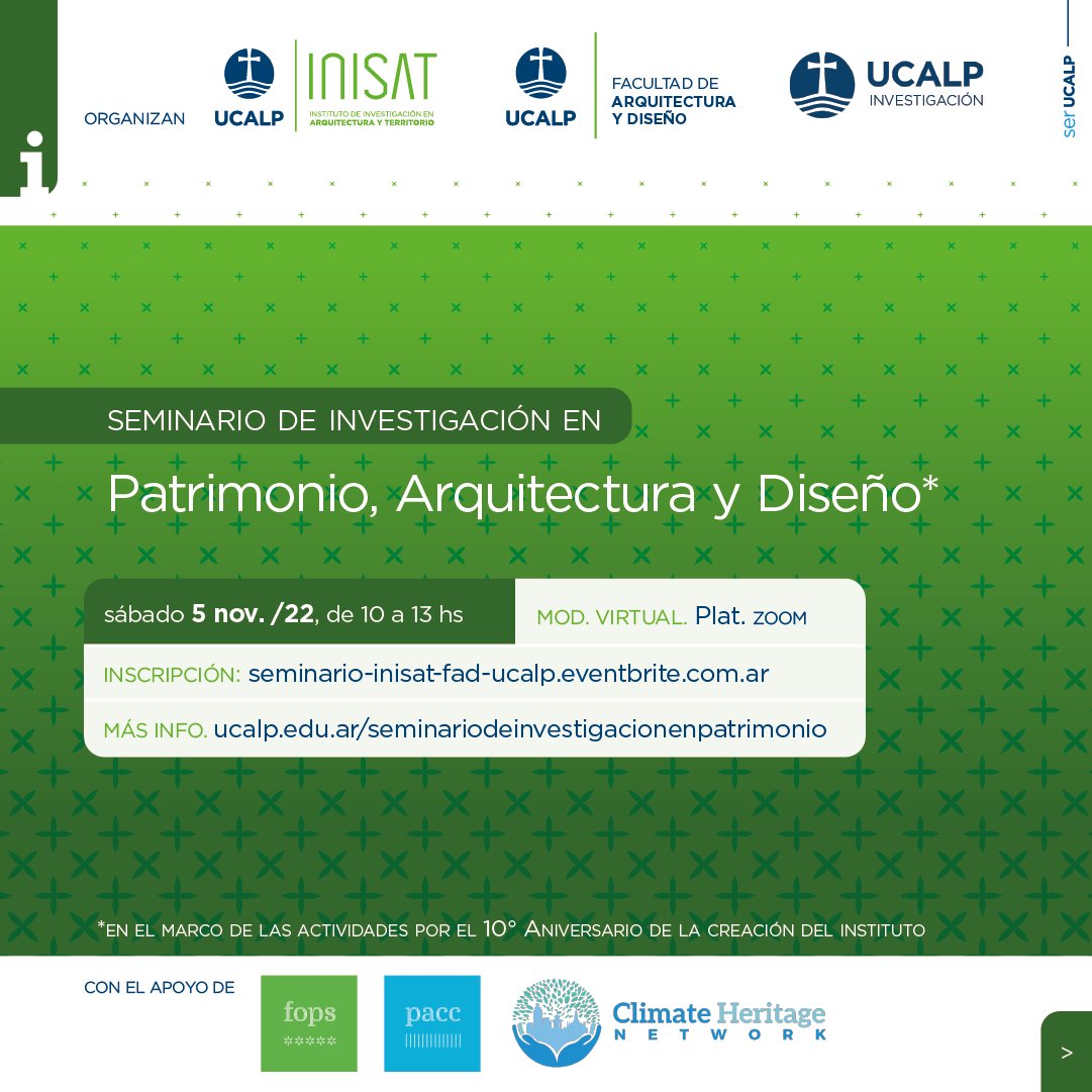 pacc_fops's tweet photo. Seminario de Investigación en Patrimonio, Arquitectura y Diseño. Evento virtual por el 10° Aniversario del Instituto de Investigación en Arquitectura y Territorio
05 de Nov 2022, 10:00 AM (horario Argentina)
https://t.co/dSZOYRAK21
#INISAT #FAD_UCALP #UCALP https://t.co/mhesuZVqTf