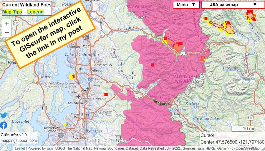 MappingSupport's tweet photo. @waEMD #RedFlagWarning this weekend. West slope of Cascades including #BoltCreekFire and newer #MurphyLakeFire near Surprise Lake. Click red area, follow link for NOAA details. #FireWX #WildlandFire
Open #GISsurfer map: https://t.co/EJGKB9Y6h4 https://t.co/gHlE4fhm7Q