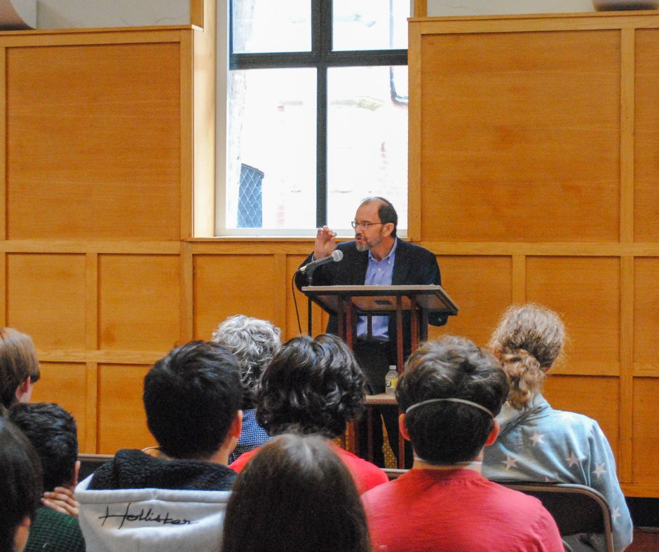 commschool's tweet photo. "How good are we at recognizing the fundamental uncertainties of life? Do we acknowledge them, or seek to deny them?" 

Grateful for the wisdom of Rabbi Carl Perkins, spiritual leader at Temple Aliyah and former Commonwealth teacher, at assembly this week. https://t.co/pG5Qip1B6L