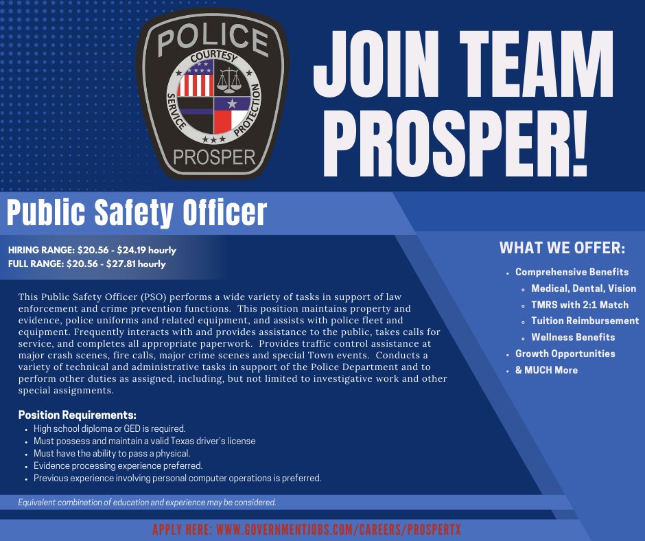 ProsperPD's tweet photo. Interested in working for a progressive law enforcement agency committed to exceptional service? Prosper PD is accepting applications for a Public Safety Officer, offering competitive pay and excellent benefits. Visit https://t.co/i3a2Yewi9L? for more info. https://t.co/9yY1jzHkxJ