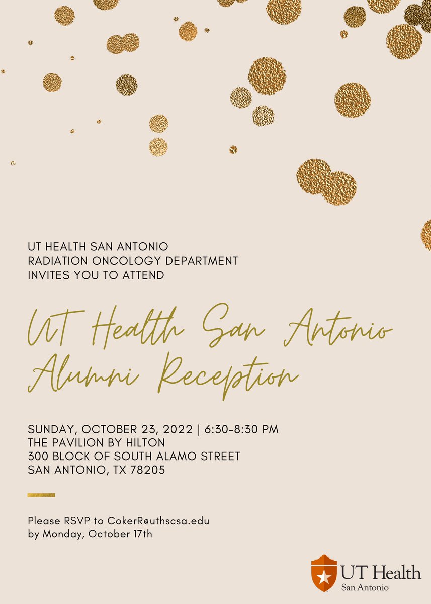 UTHealthSAlumni's tweet photo. Our UT Health San Antonio Radiation Oncology alumni are invited to an alumni reception on Sunday, October 23 at the Pavillion by Hilton.

For more information or to RSVP, please email cokerr@uthscsa.edu. https://t.co/fA7lEdMZKo