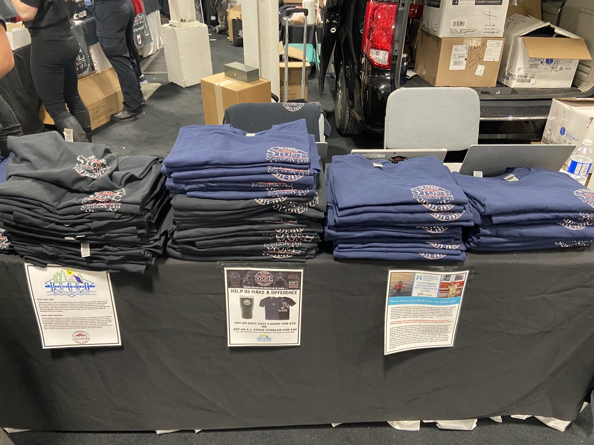 AJStoneCompany's tweet photo. Our 50th year fundraiser of T-Shirts and Tumblers at #OAFC2022 and online is final - with your help, we raised $9000! Funds to go to @campbucko #HaydenUnderhill, and to #HLH in memory of Oro-Medonte Fire TO Geoff Patchell. Thanks for all your support!

https://t.co/2Q4a73e9Zw https://t.co/DYRcJFDiEY