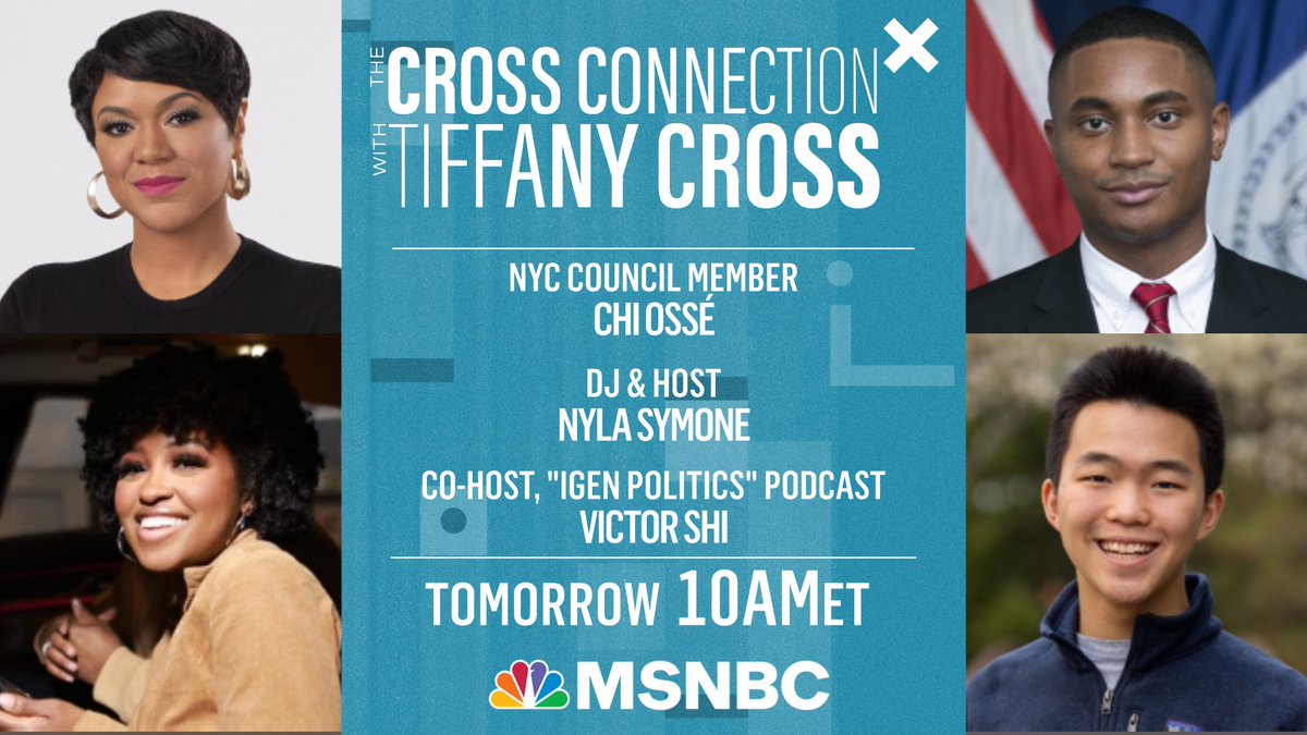 TUNE IN: @TiffanyDCross talks to @OsseChi, @Victorshi2020, and @nylasymoneee to see what it'll take to get Gen-Z'ers more politically engaged and to the polls by Midterms. Watch tomorrow, 10AM ET on @MSNBC. #CrossConnection