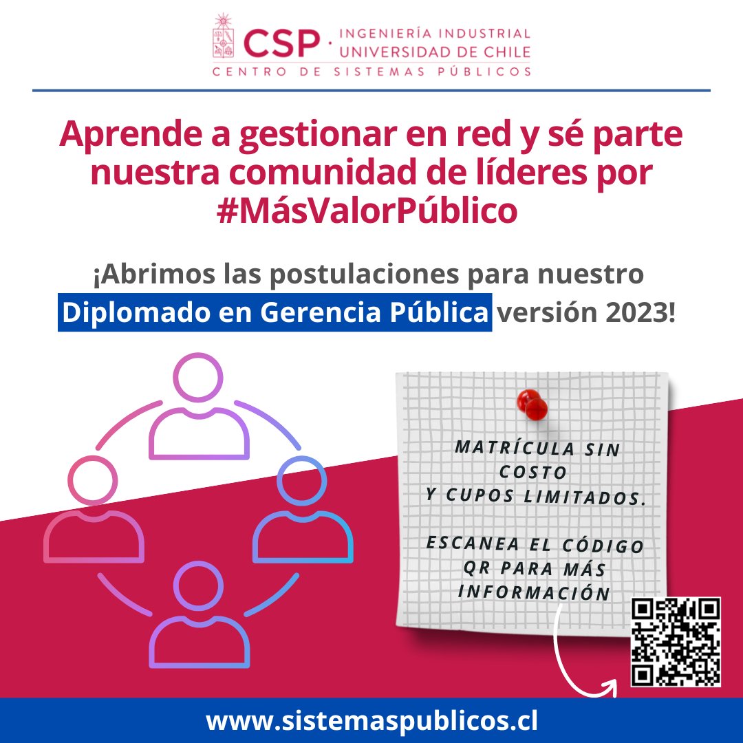csp_uchile's tweet photo. 📢 ¡Abrimos las postulaciones para el Diplomado en Gerencia Pública versión 2023! Somos el programa líder en el área, gracias a un reconocido cuerpo docente que se ha desempeñado y/o desempeña en cargos directivos públicos.

¡Sé parte de esta gran red! 👉 https://t.co/cCgWqaHG1D https://t.co/daaeOvoOzx