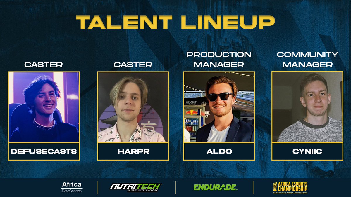 Rainbow Six SSA Super Series (@ssasuperseries) on Twitter photo 🚨TALENT LINEUP🚨
We are proud to announce our team for the Grand Finals‼️
#R6SSA
<a href="/EsportsAfreeca/">Africa Esports Championship • AEC</a> | <a href="/africa_dc/">Africa Data Centres</a> |<a href="/NUTRITECHFIT/">NUTRITECH®</a> | <a href="/ENDURADESPORTS/">ENDURADE™</a> 🚨TALENT LINEUP🚨
We are proud to announce our team for the Grand Finals‼️
#R6SSA
<a href="/EsportsAfreeca/">Africa Esports Championship • AEC</a> | <a href="/africa_dc/">Africa Data Centres</a> |<a href="/NUTRITECHFIT/">NUTRITECH®</a> | <a href="/ENDURADESPORTS/">ENDURADE™</a>