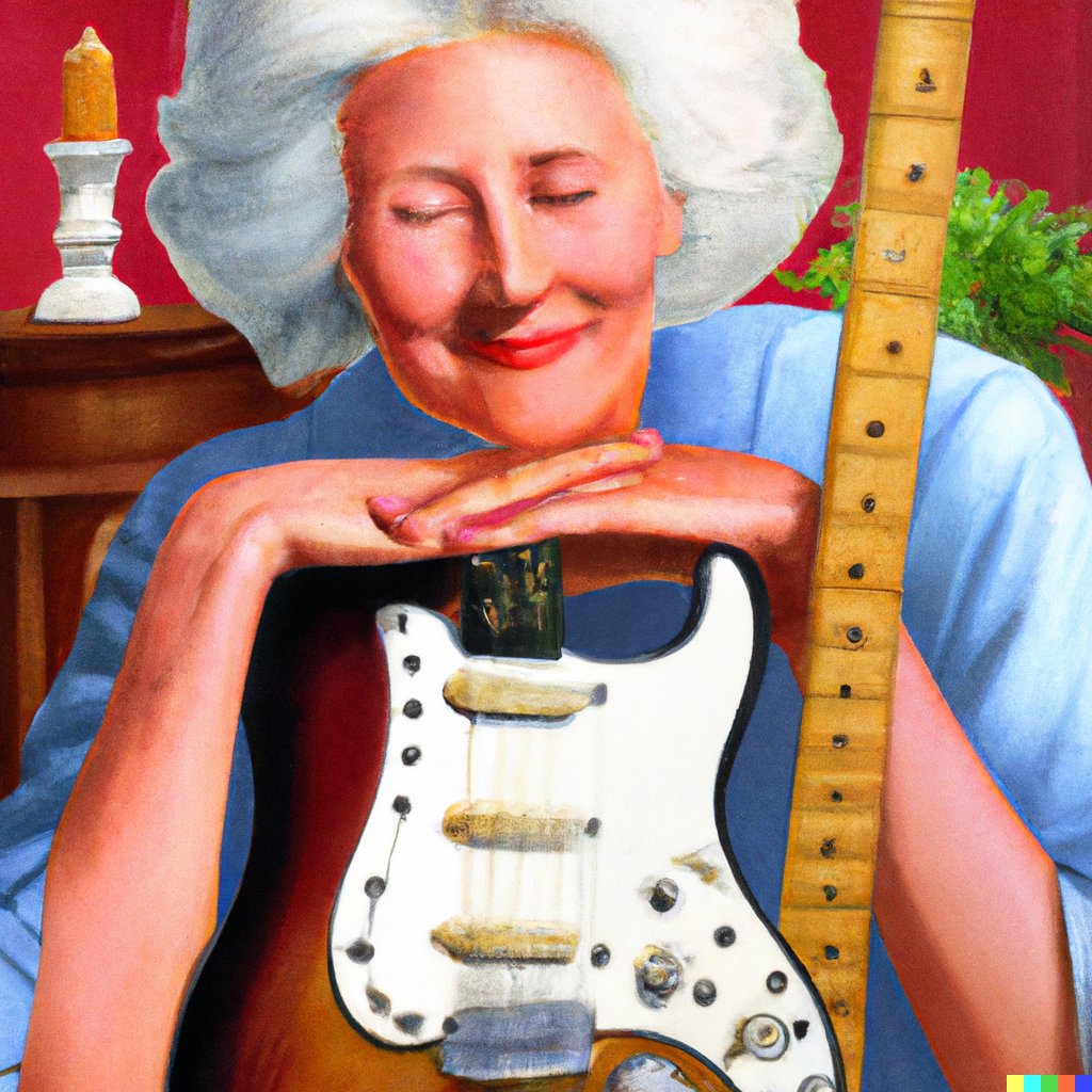 “Norman Rockwell style painting of a Saintly old white haired mother with a sweet adoring expression and a Fender Stratocaster guitar ” #dalle2 (why'd you take the neck off ma?)