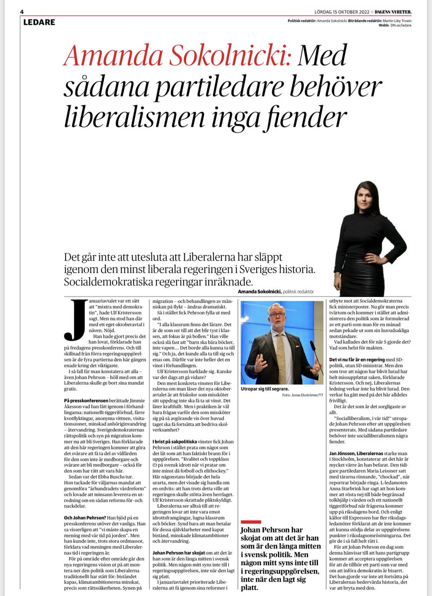 Frågan som kvarstår efter att ha läst avtalet:  varför är det L som sitter i regeringen och inte SD?