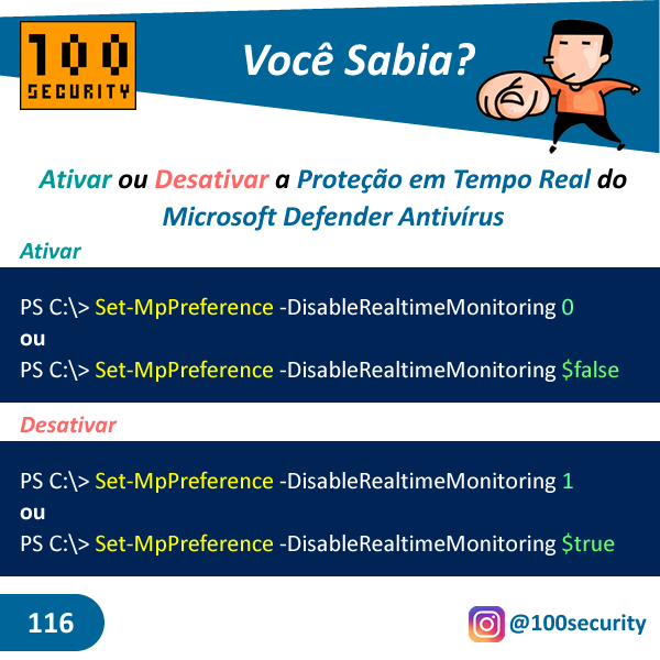 100Security's tweet photo. @100security #100security 

Ativar
PS C:\> Set-MpPreference -DisableRealtimeMonitoring 0
ou
PS C:\> Set-MpPreference -DisableRealtimeMonitoring $false

Desativar
PS C:\> Set-MpPreference -DisableRealtimeMonitoring 1
ou
PS C:\> Set-MpPreference -DisableRealtimeMonitoring $true https://t.co/42lyo5UDX4