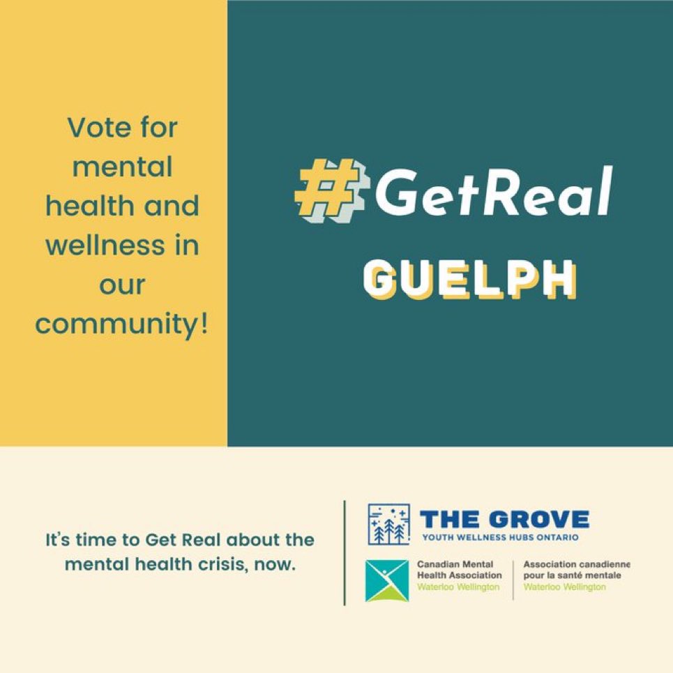 hsfishburn's tweet photo. Have you heard?  We are asking Guelph and Wellington County residents to make sure mental health and wellness is the #1 priority in this election. #GetReal register your voice here: https://t.co/UFmZ05wcAO @cmhaww @thegrovehubs https://t.co/TeWFvt42El