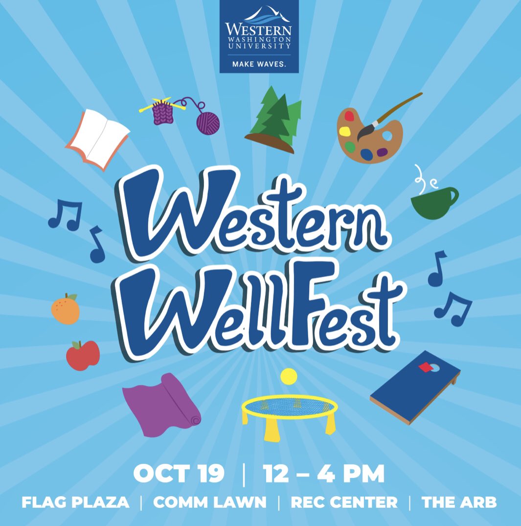 AS_ClubHub's tweet photo. Get your wellness on with Western Wellfest! 

  This self-care and community building based event is on Wednesday Oct. 19 from noon to 4 p.m. in Flag Plaza, on the Comm Lawn, in the Recreation Center, and in Sehome Arboretum. 

 Find out more here: 
https://t.co/dWPhKDWtMp https://t.co/1KxkKrmavz