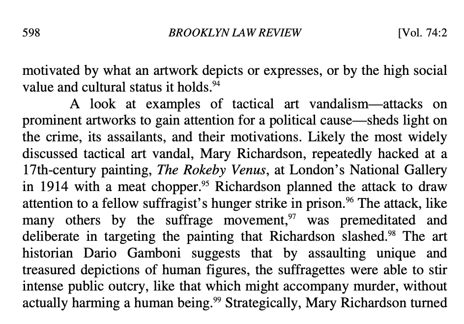 MJWilliams_Law's tweet photo. Seems like a good time to mention that the shock value of art vandalism has a long history as political protest ... including in the UK ... see "Framing Art Vandalism" for loads of examples: https://t.co/v83uhUvZj8 https://t.co/vD6poQdOsp