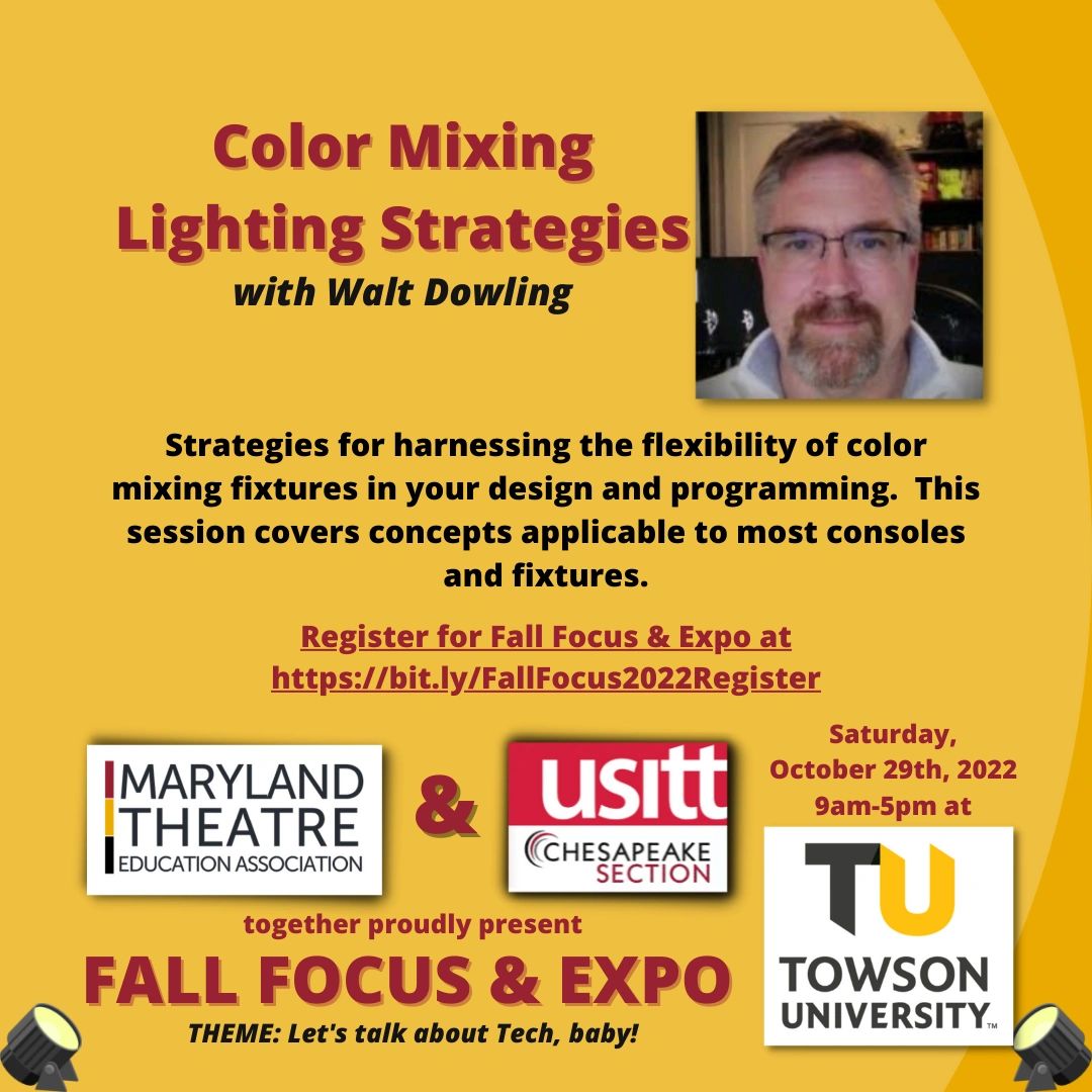 MdTheatreEd's tweet photo. Check out these amazing workshops @ Fall Focus &amp; Expo on October 29th.
FREE for members of either organization
MTEA or USITT Membership $25
Both Orgs Membership $45
USITT Student* Membership $5
Join today @ https://t.co/duIucEQkdG
then register for EXPO at https://t.co/Yg1OfFLl45 https://t.co/KCv7wegRku