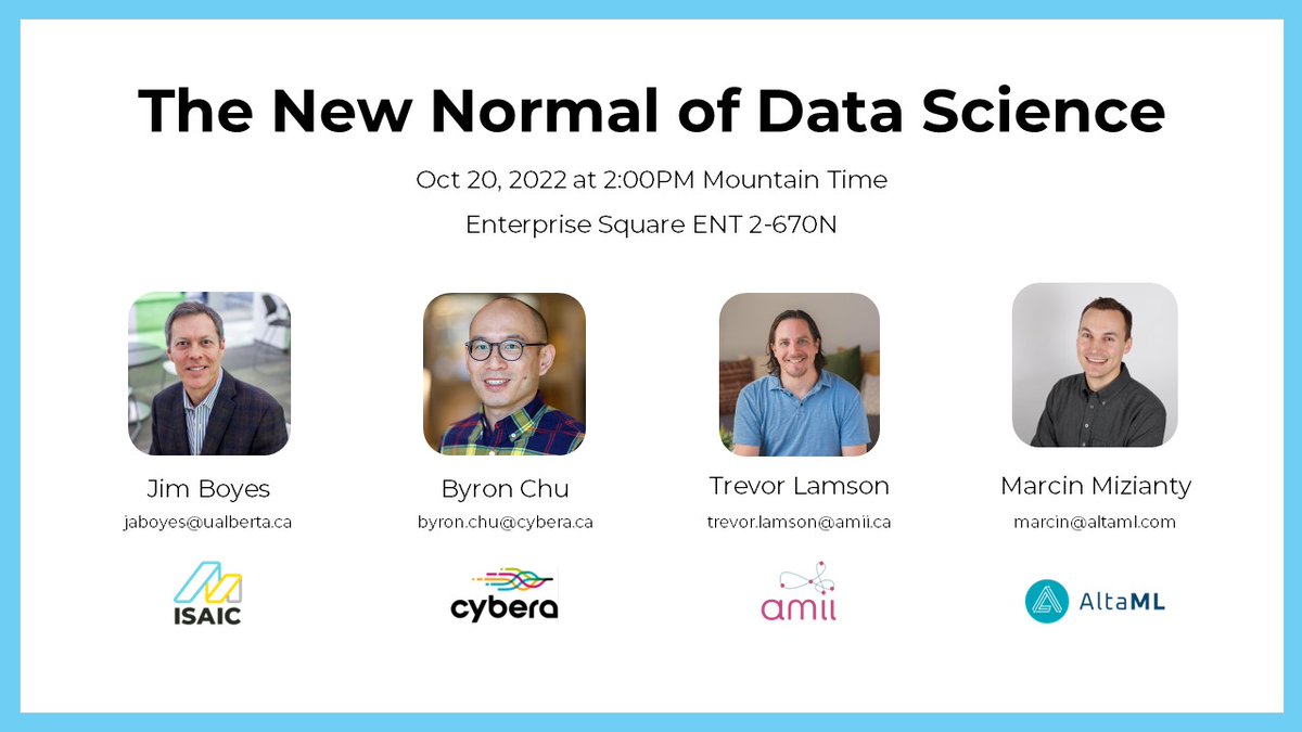 Cybera, <a href="/poweredbyisaic/">ISAIC</a>, <a href="/AmiiThinks/">Amii</a>, &amp; <a href="/altaml_com/">AltaML</a> will participate in the New Normal of Data Science panel. This topic will look at how local organizations have benefited from the  adoption of data science &amp; ML practices, and how our ecosystem can help.
sched.co/1CDMx