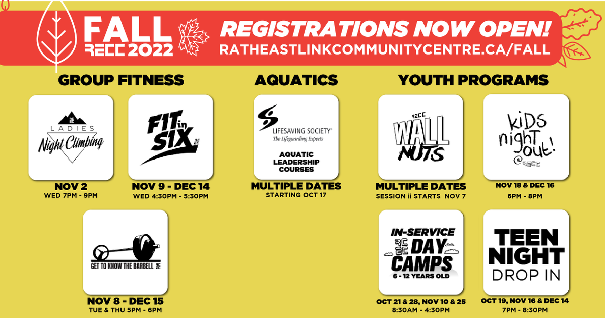 Get access to thousands of square feet of health and wellness programs just around the corner at the RECC. Check out our upcoming Fall programs and REGISTER TODAY!  ratheastlinkcommunitycentre.ca/fall