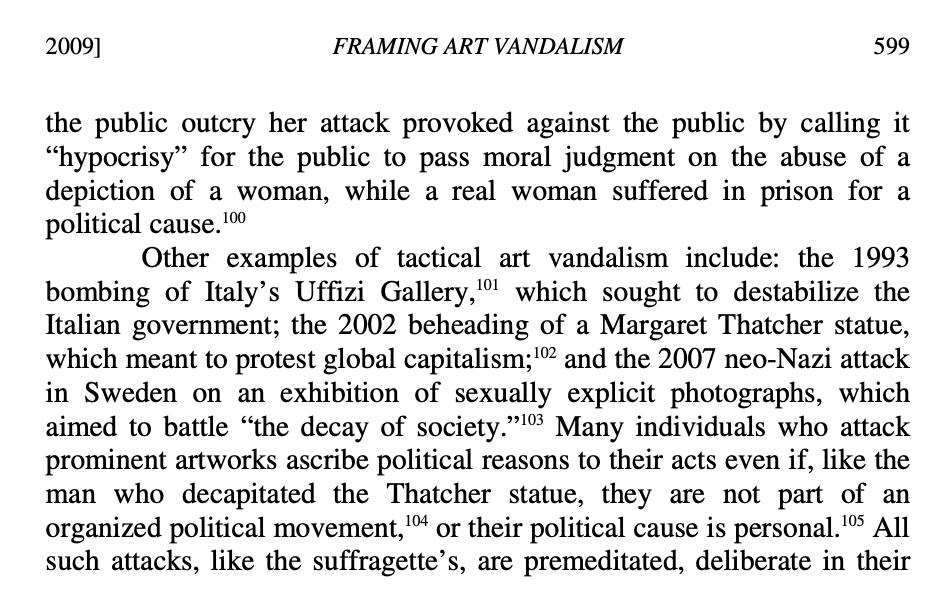 MJWilliams_Law's tweet photo. Seems like a good time to mention that the shock value of art vandalism has a long history as political protest ... including in the UK ... see "Framing Art Vandalism" for loads of examples: https://t.co/v83uhUvZj8 https://t.co/vD6poQdOsp