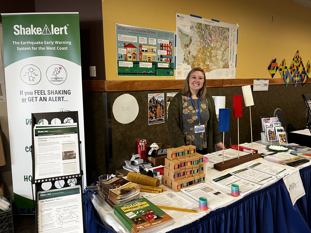 USGS_ShakeAlert's tweet photo. The #ShakeAlert Team is here at the #WSTA2022 @WstaSci Wenatchee: “The Magic of live &amp; in person”. Please join us at the @PNSN1 Booth at Table 17 (Across from Registration) for great exercises, resources, handouts and more! @waDNR @UW_ESS @IRIS_EPO @UNAVCO https://t.co/421ilKUPhF