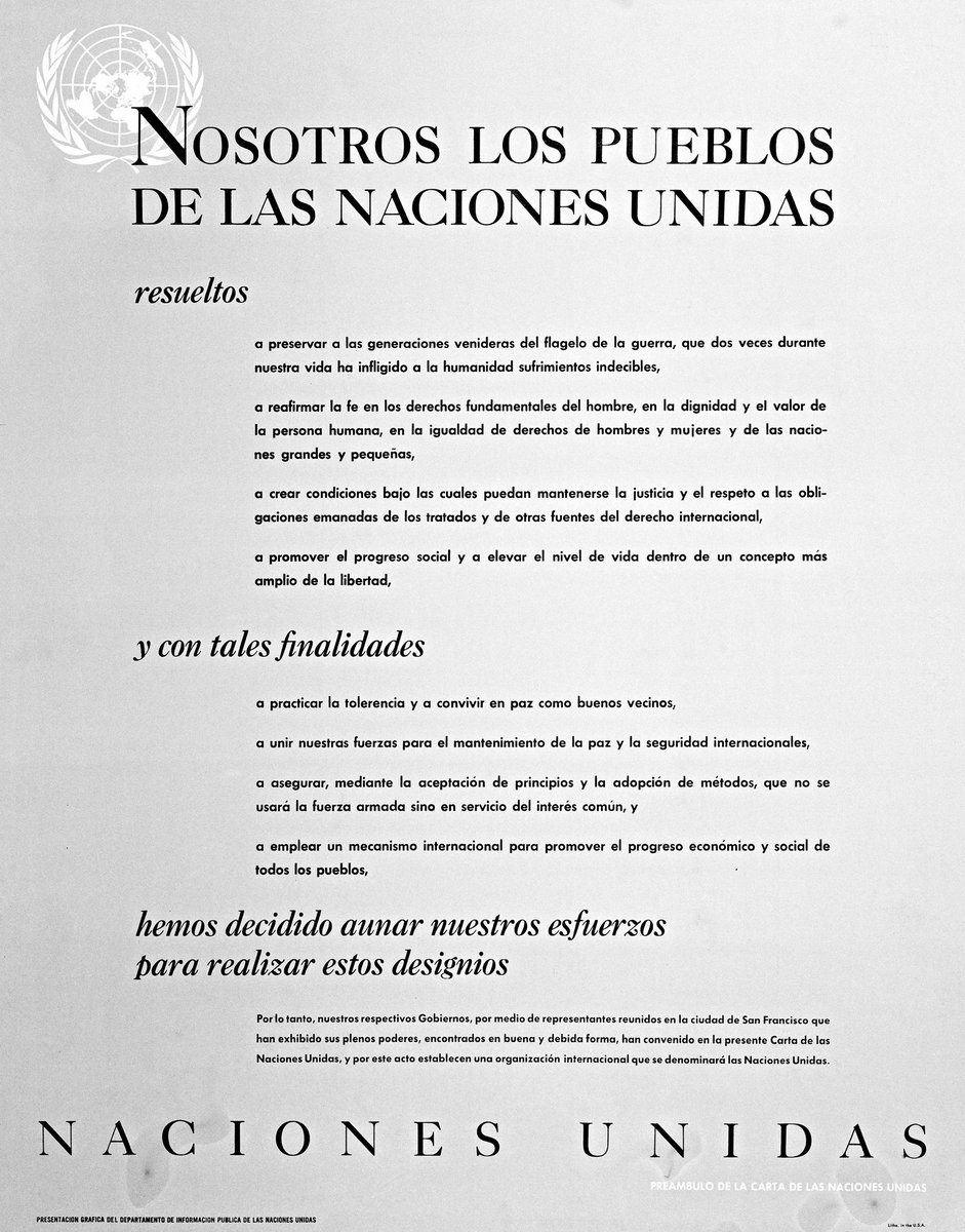 ONUMX's tweet photo. 📸: Preámbulo de la Carta de la ONU. 

El uso de la fuerza de un país contra otro está mal y va en contra de la Carta. 

Conoce más acerca de la fundación de la ONU y nuestro trabajo en nombre de la paz, la prosperidad y los derechos humanos. https://t.co/mfqoqgE3RV https://t.co/zOQitXomtI