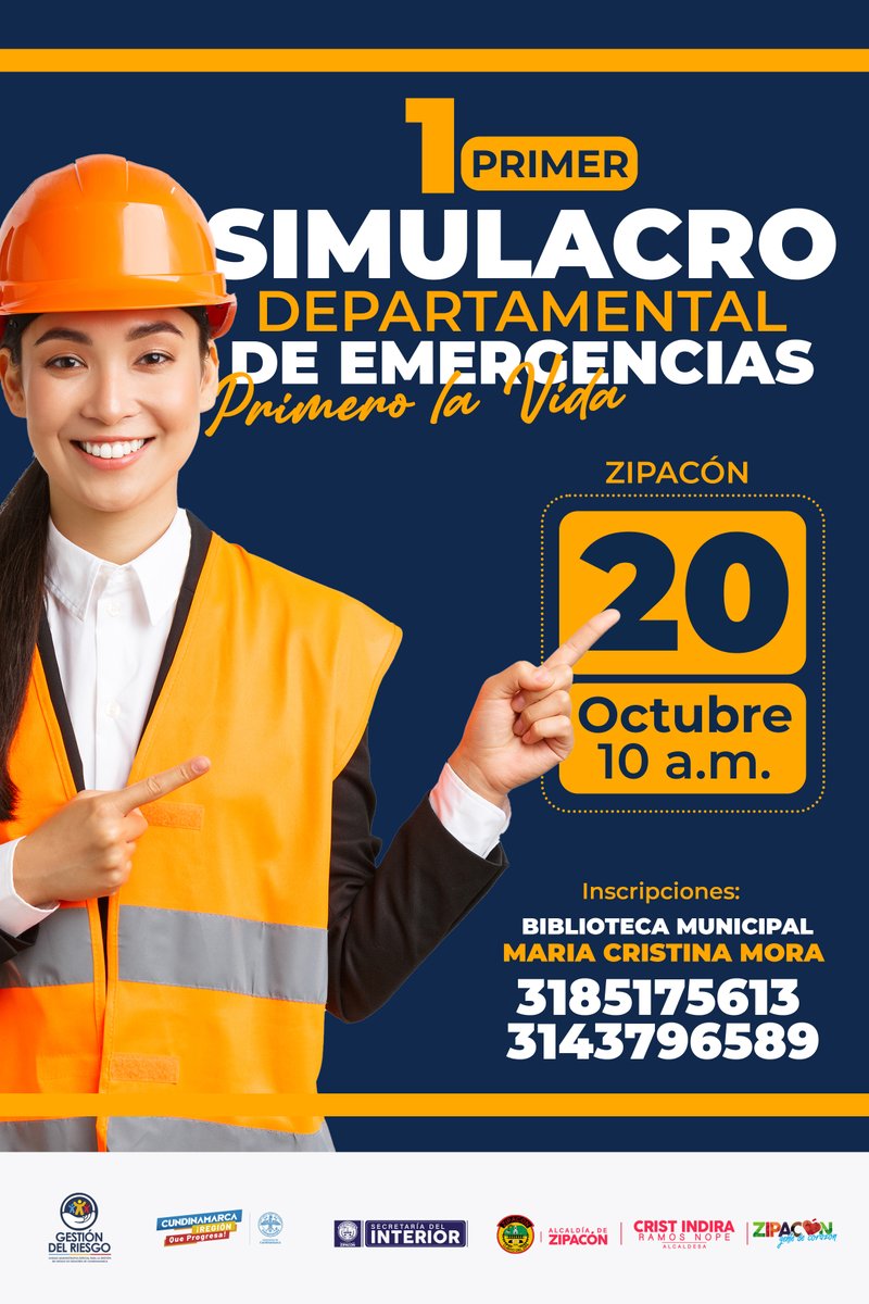 ZipaconAlcaldia's tweet photo. El 20 de octubre desde las 10 de la mañana se realizará el Primer Simulacro Departamental de Emergencias #PimeroLaVida.
La Administración Municipal los invita a inscribirse a esta jornada.
Para más información📞 3185175613 o 3143796589.
Somos #Zipacon #GenteDeCorazón https://t.co/T8MGnBfylq