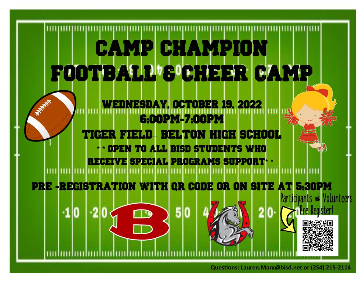 Camp Champion — football and cheer edition — is on Wednesday! Participants and volunteers leave with their hearts a little bit bigger. It's an event you won't want to miss! ❤️ #EACHandEVERY

Sign up > forms.gle/vtxGpLtYDV2zZt…