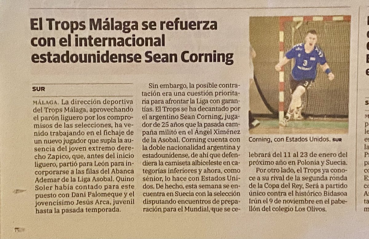 BMCiudadDMalaga's tweet photo. 🗞El nuevo fichaje del @fTROPS Málaga, el extremo Sean Corning, también en la prensa local en versión de papel.
#CreeEsPoder
#LaSumaDeTodos https://t.co/tkjUnpP7Cv