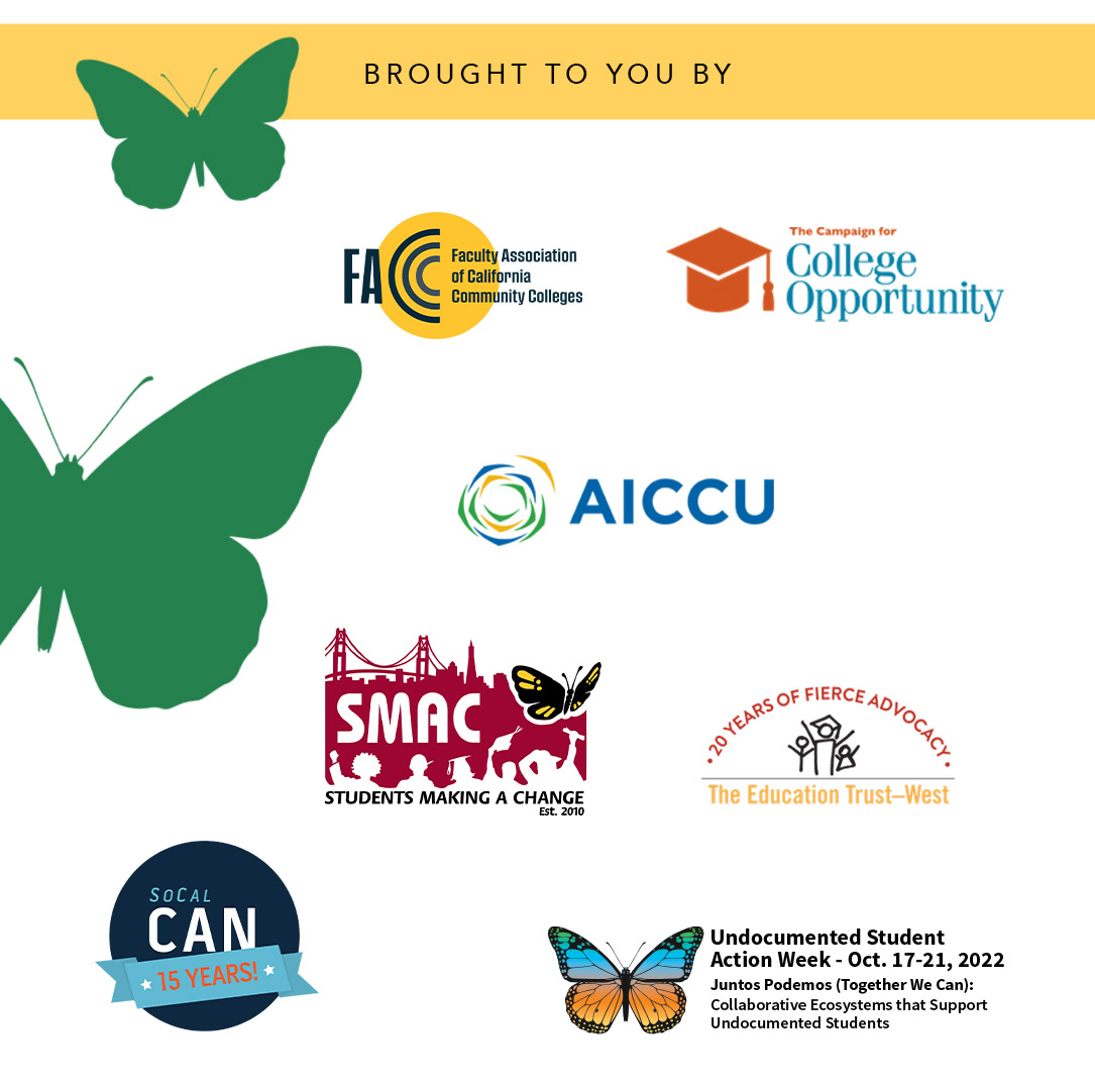CalCommColleges's tweet photo. Monday, 10/17, the Sixth Annual Undocumented Student Action Week begins! 
@CalCommColleges is proud to support our undocumented students to achieve their educational dreams. 
Register for systemwide webinars today! https://t.co/cpPO3i1zAz. #USAW2022
Thank you to our partners! https://t.co/rUrm6WdonI