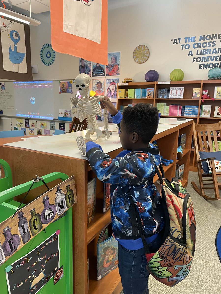NESlibrary's tweet photo. The skeleton hand has been a hit but Mr. Bones and our basket of โchoose a genreโ eyeballs are a close second. Thatโs an impressive split Mr. Bones was doing to start the morning @NorthsideES ๐ #SpookyLibrary https://t.co/tyVinrwhzC