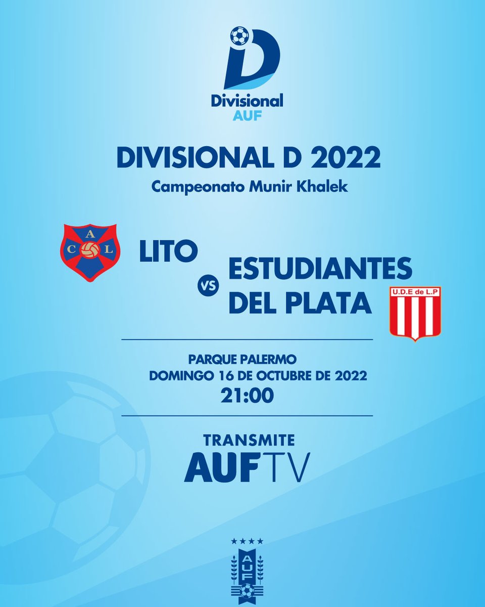 🔝 𝗦𝗲 𝗱𝗲𝗳𝗶𝗻𝗲 𝗲𝗹 𝗰𝗮𝗺𝗽𝗲𝗼́𝗻 𝗱𝗲 𝗹𝗮 𝗙𝗮𝘀𝗲 𝗥𝗲𝗴𝘂𝗹𝗮𝗿 

Este domingo no te pierdas la final entre Lito y Estudiantes del Plata, EN VIVO por AUF.TV.

¡Seguí la previa desde las 20.45 h!

➡️ Final - vuelta 
🏟️ Parque Palermo

#DivisionalD