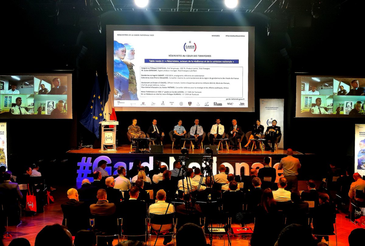 [⚔️GARDE NATIONALE]
#Reserve #Militaires #Engagement

Aujourd'hui, lancement des #JNR2022 avec le colloque "les réservistes au cœur des territoires". Un très beau panel d'intervenants, échanges très riches !

@UNOR_Jeunes<a href="/GardeNatFR/">Garde nationale</a>
<a href="/FederationAtlas/">Atlas - Fédération associations de défense jeunes</a> <a href="/IHEMI_fr/">IHEMI</a> @GardeNatFR
