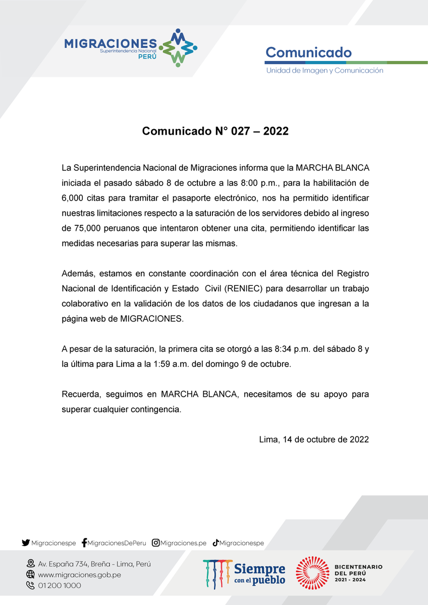 MigracionesPe's tweet photo. 🔴COMUNICADO📢 https://t.co/VKvfGGQ5sv