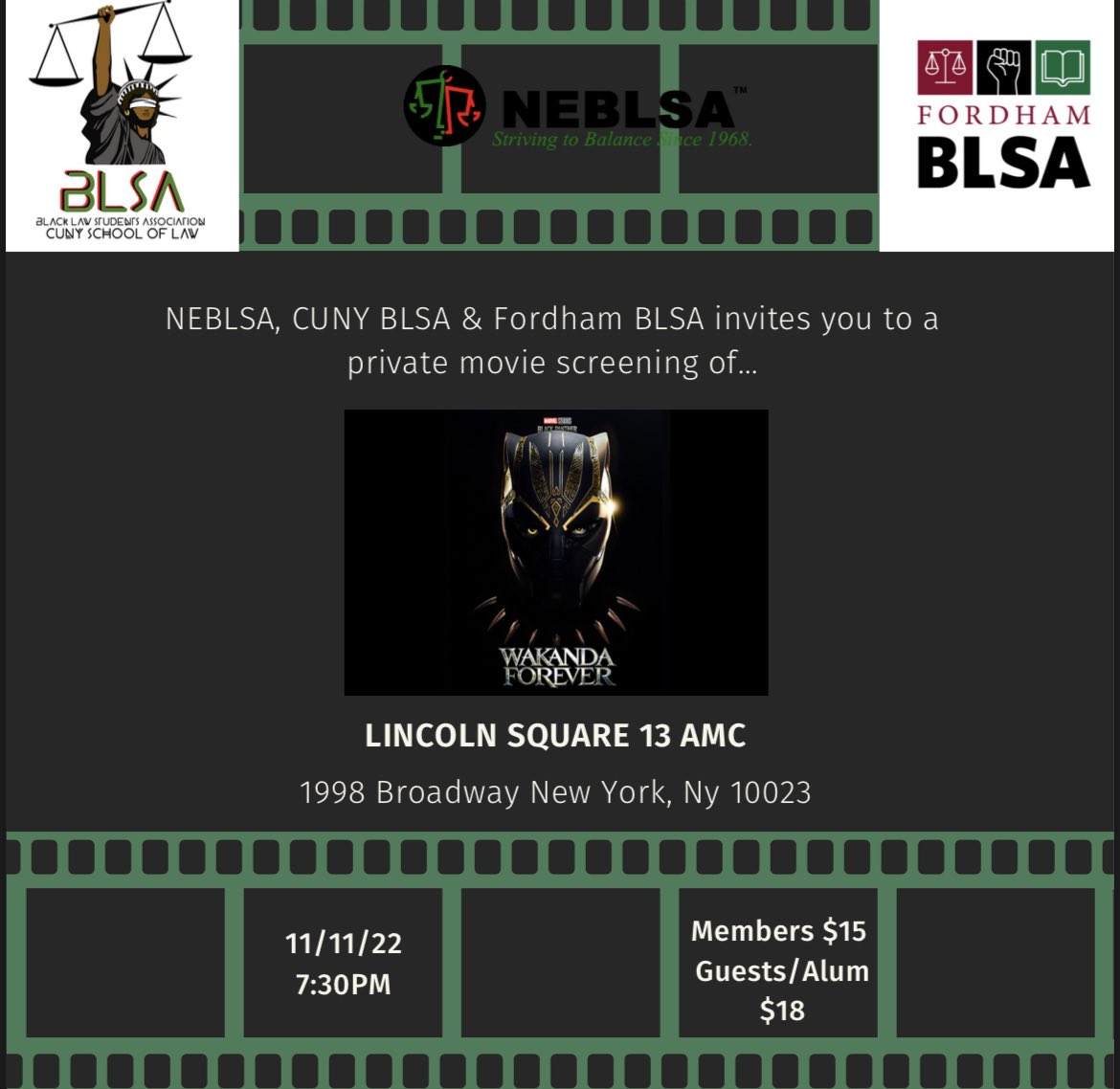 CUNYBLSA's tweet photo. ๐จ We are partnering with the Northeast Black Law Students Association and Fordham BLSA for a Black Panther: Wakanda Forever private movie screening! Get your tickets today before they sell out! https://t.co/yJhiLH9f9a
#nblsa #neblsa #blsa #cunylaw @NEBLSA @NBLSA https://t.co/fjcIEtrd5Q