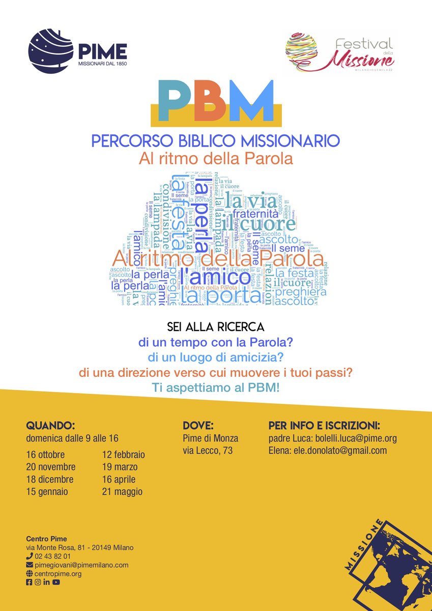 Un percorso biblico-missionario, di una domenica al mese, presso il seminario del Pime di #Monza, per giovani dai 20 anni in su. Queste le date: 16 ottobre, 20 novembre, 18 dicembre, 15 gennaio, 19 febbraio, 19 marzo, 16 aprile, 21 maggio.