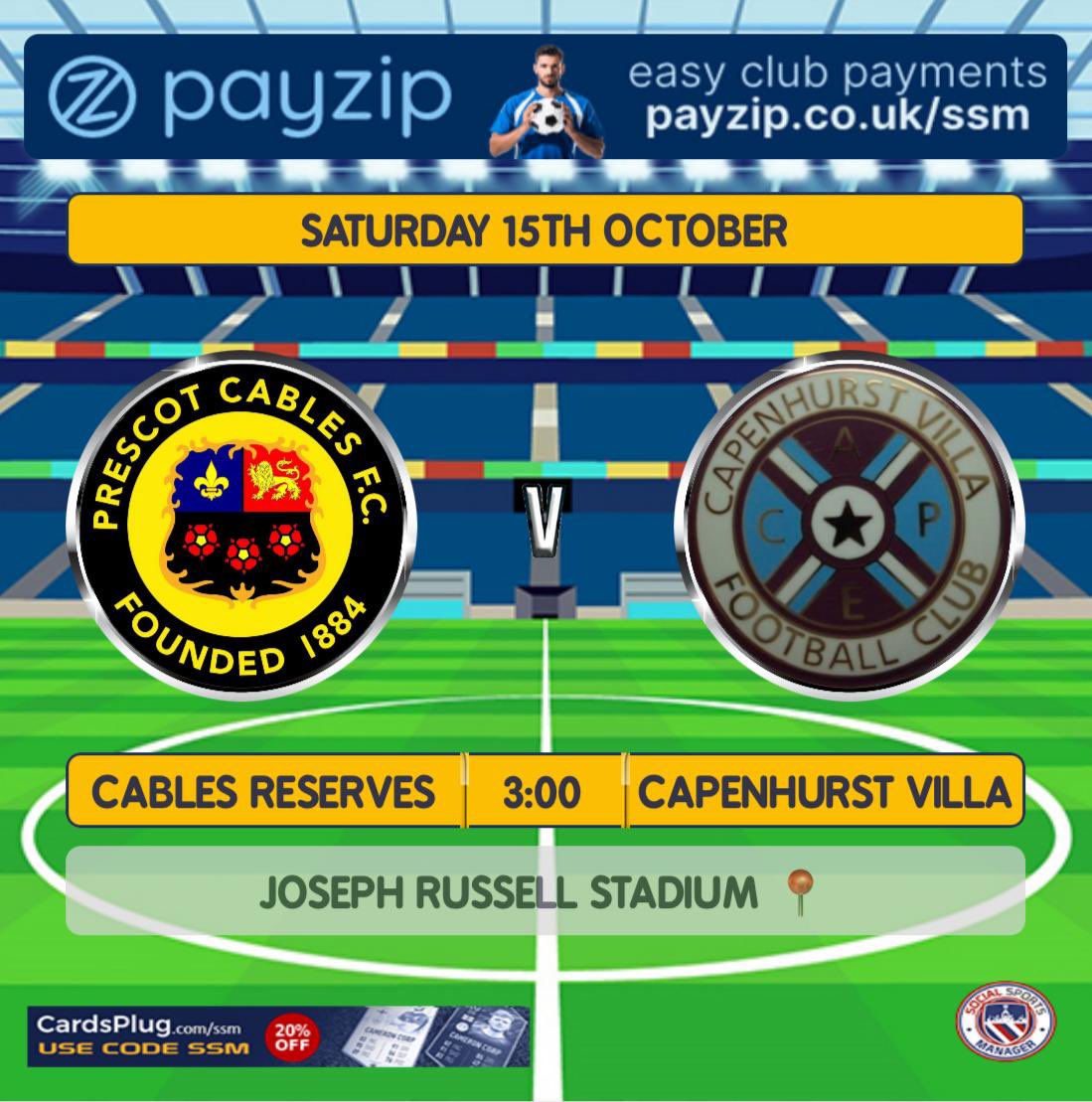 Tomorrow we are at home to <a href="/capevillafc/">Capenhurstvillafc</a> 3pm KO. £2 entry and guaranteed Goals ⚽️⚽️⚽️

<a href="/PrescotCablesFC/">Prescot Cables FC</a> <a href="/WestCheshireLge/">Go2Day West Cheshire League</a>