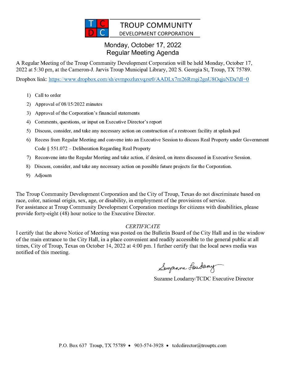 TroupTexas's tweet photo. A Regular Meeting of the Troup Community Development Corporation will be held Monday, October 17, 2022 at 5:30 pm, at the Cameron-J. Jarvis Troup Municipal Library, 202 S. Georgia St, Troup, TX 75789.
Dropbox link: https://t.co/GSIqNsehlA https://t.co/P8qUdN6O9r