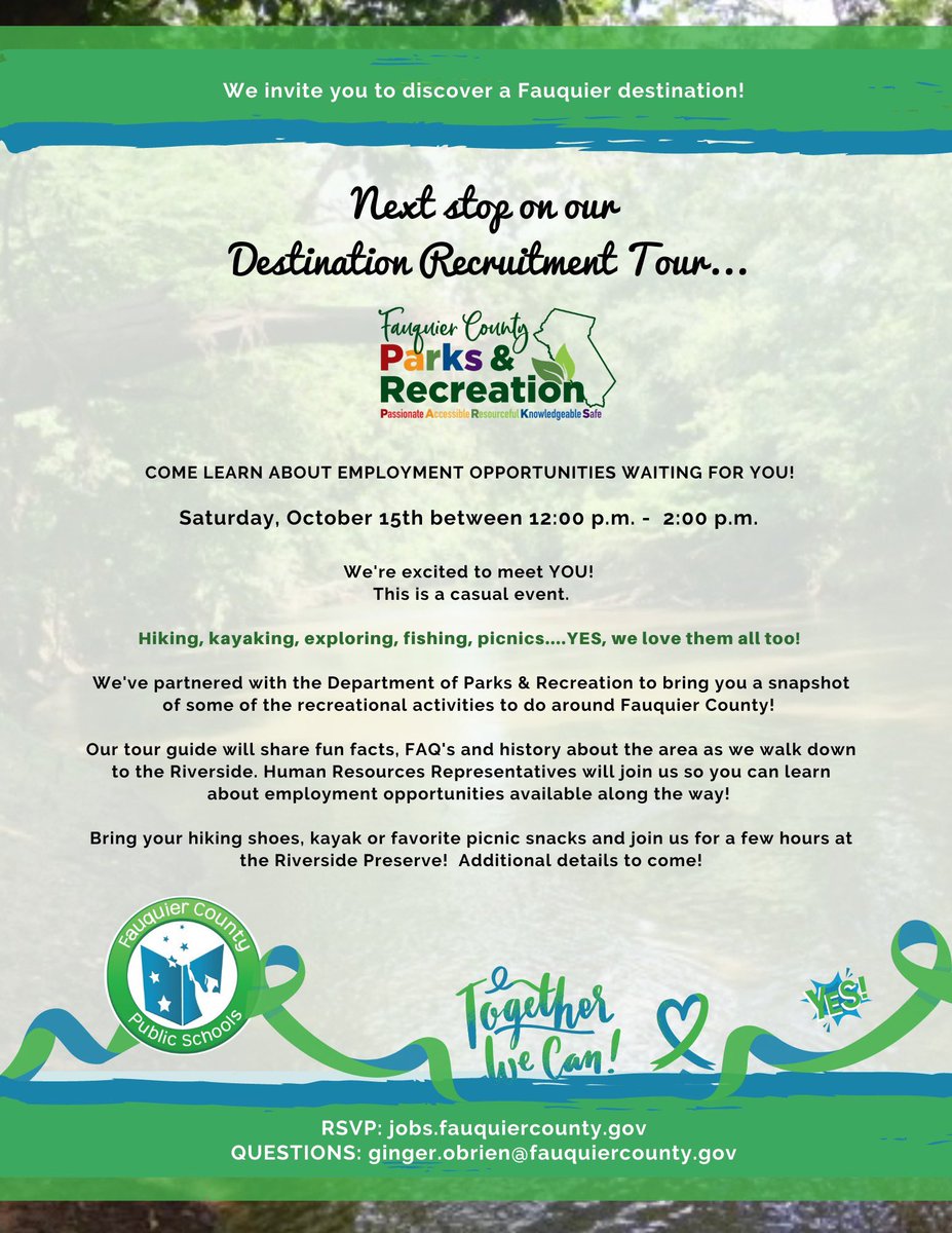 FauquierJobs's tweet photo. Look who will be joining us tomorrow at the Riverside Preserve!! We are so very excited!

✔️ Tours will begin at 12:00pm and 1:00pm.

And….there’s still time to RSVP! Email ginger.obrien@fauquiercounty.gov to let us know you'll be joining us. #DestinationRecruitmentpark https://t.co/OiuvSftFN0