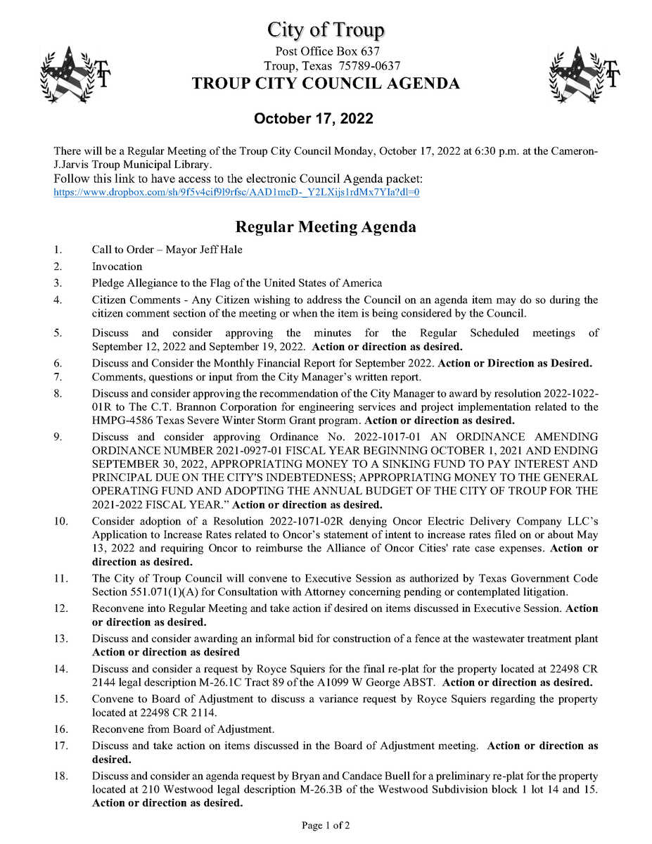 TroupTexas's tweet photo. There will be a Regular Meeting of the Troup City Council Monday, October 17, 2022 at 6:30 p.m. at the Cameron-J.Jarvis Troup Municipal Library. 
Follow this link to have access to the electronic Council Agenda packet: https://t.co/PwTDuIhoCe https://t.co/PYXsGxz5Lm